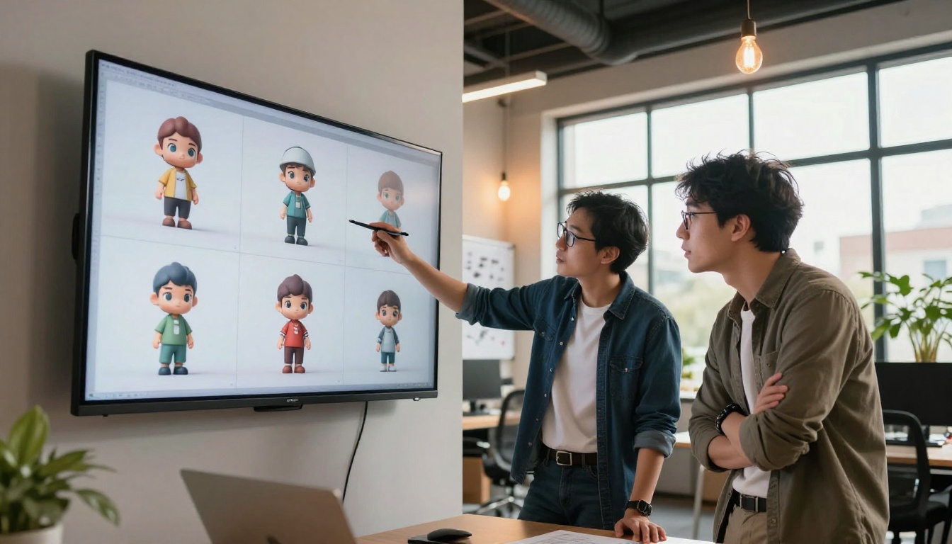 Two professionals in modern open-plan office comparing multiple 3D model variations on large wall-mounted screen