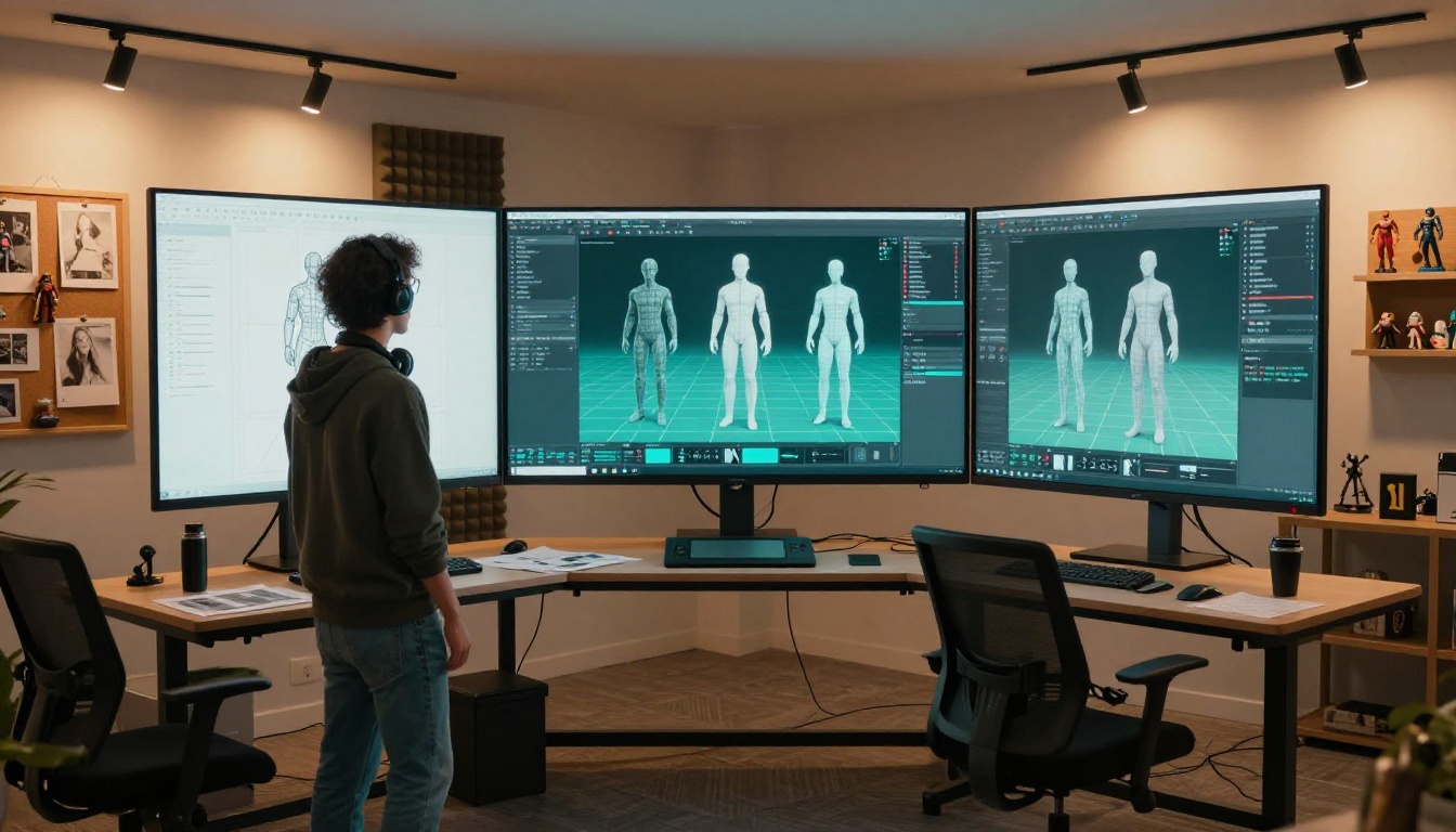 Game development studio interior with developer at three-monitor standing desk setup showing 3D character asset pipeline