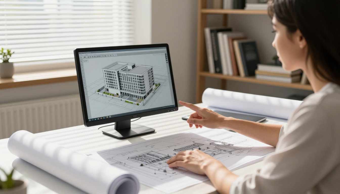 Architect reviewing large-scale 3D architectural building models on professional touchscreen display in bright modern office