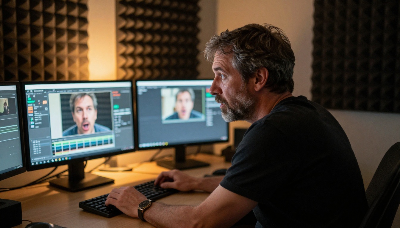 A sound engineer studies early AI lipsync footage on dual monitors in a dimly lit broadcast editing suite