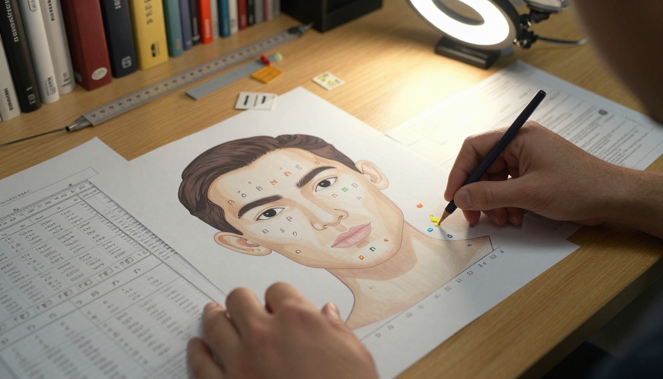 A researcher places color-coded phoneme markers on a printed facial diagram at an academic desk with warm lighting