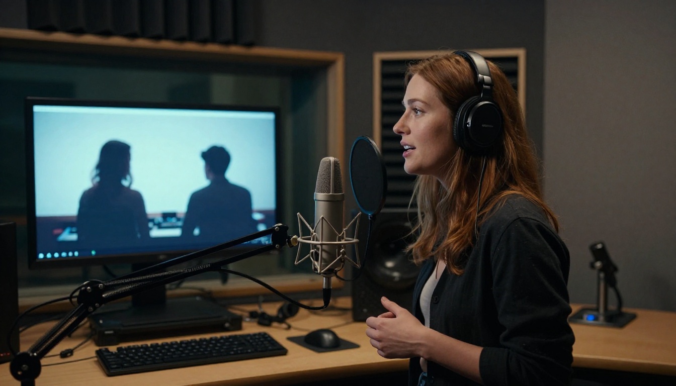 A professional voice actress records dubbing in a high-end isolation booth with source video visible on a studio monitor