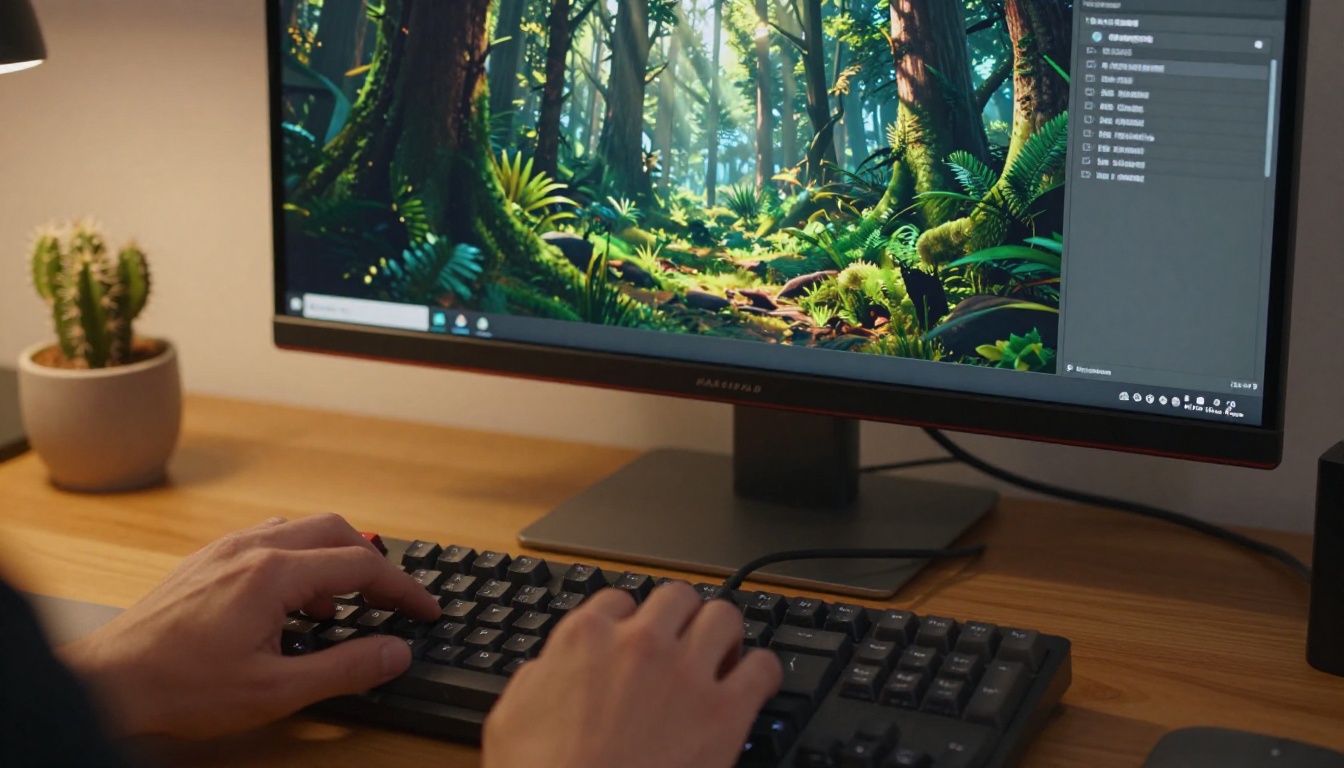 Aerial overhead close-up of hands on mechanical keyboard with photorealistic generated forest terrain visible on monitor in background
