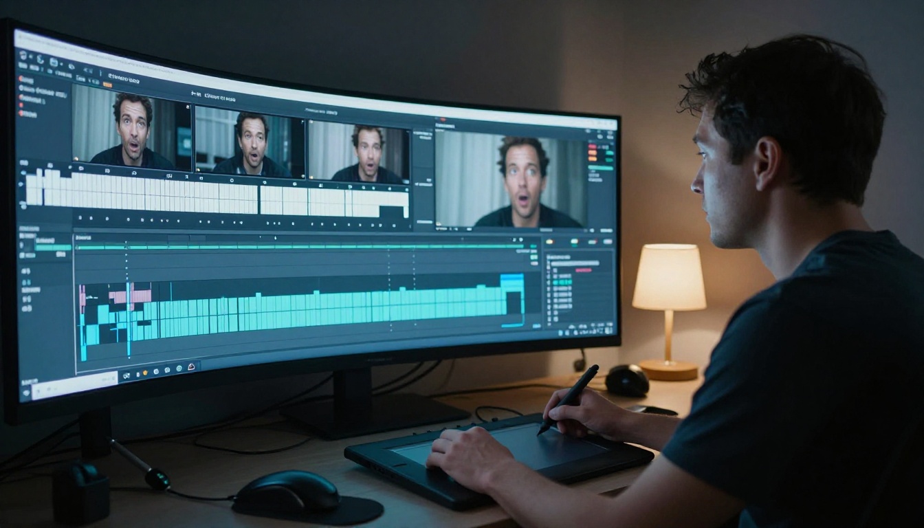 A video editor studies frame-by-frame lip analysis in a dark post-production suite with curved monitor and waveform display