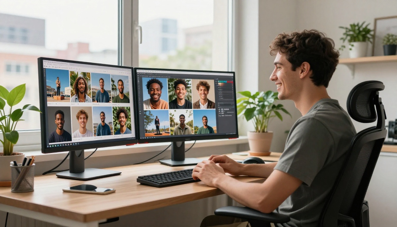 Content creator smiling at AI image generation platform results displayed on dual monitor home office setup