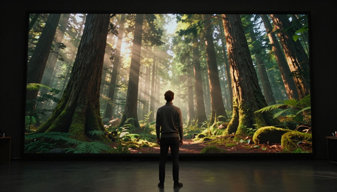 Creative professional standing in darkened studio looking at an enormous display showing a breathtakingly detailed photorealistic 3D forest scene with volumetric light