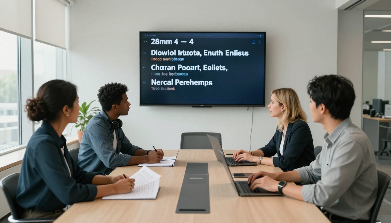 A diverse team of localization professionals collaborates around a conference table in a minimalist translation studio