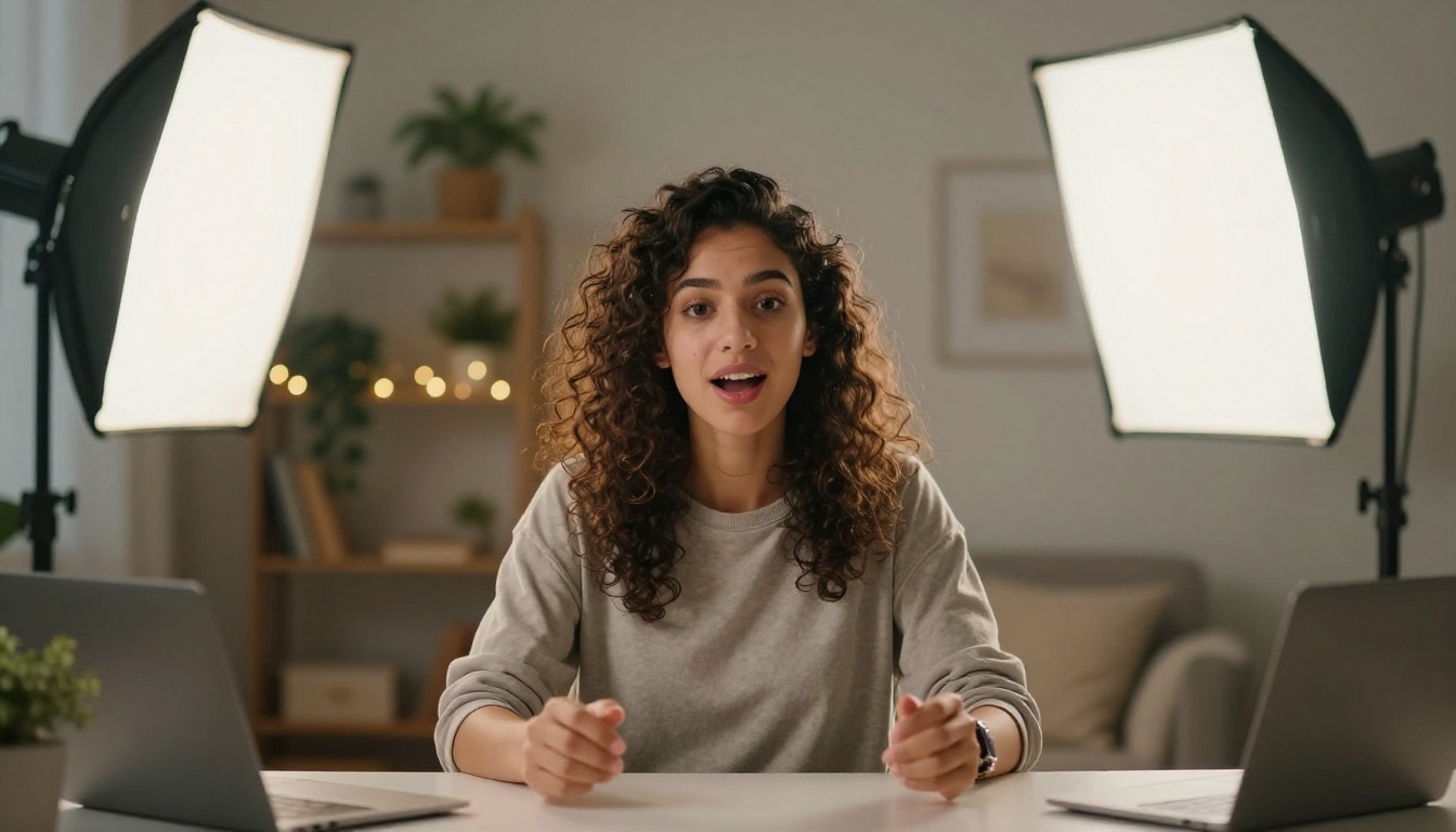 A content creator records video at a clean home studio setup with professional LED softbox lighting panels