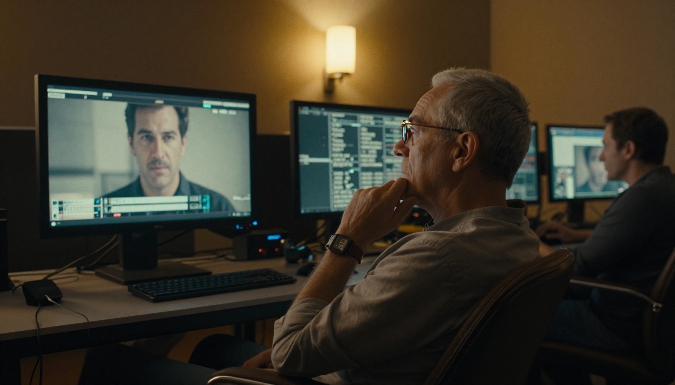 A film director studies actor playback in a dim post-production suite with warm amber lighting and monitor glow