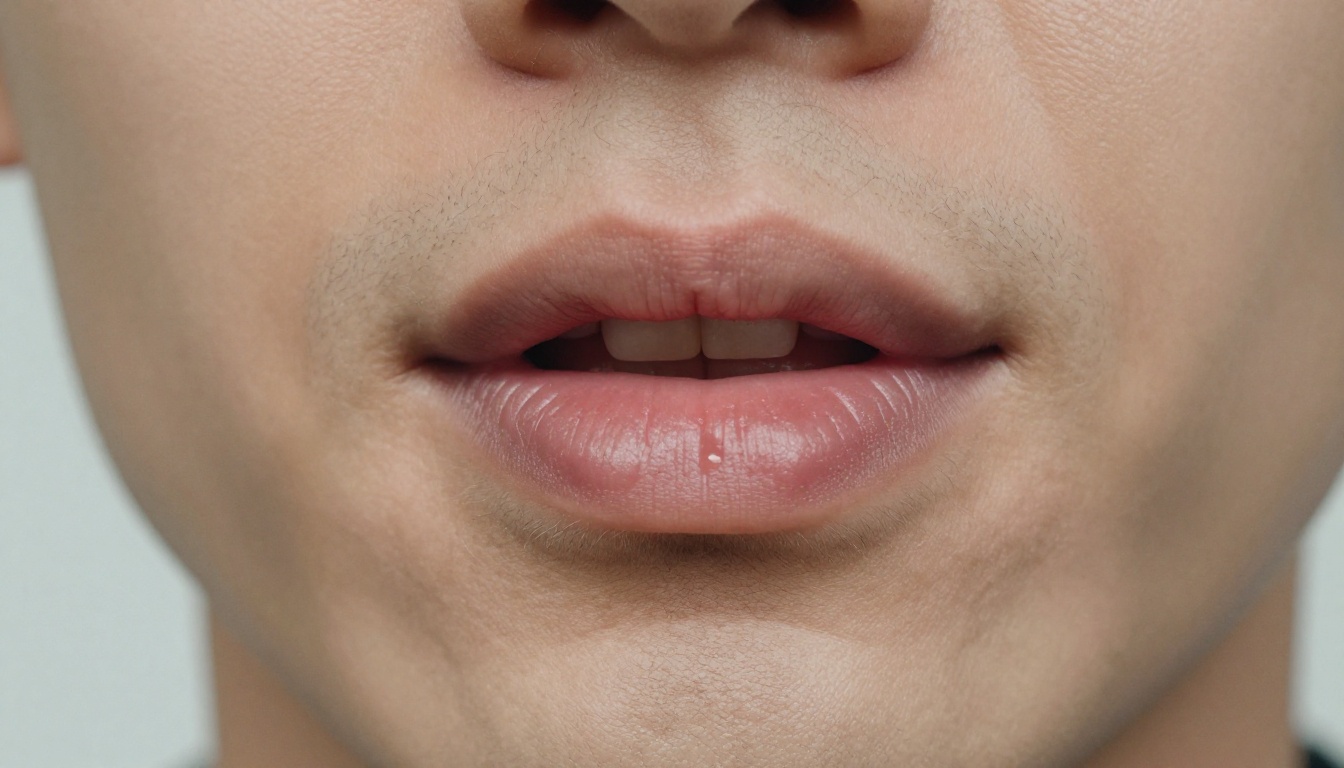 An extreme macro close-up of a man's lips forming a vowel sound, revealing fine lip skin texture in clinical photographic detail