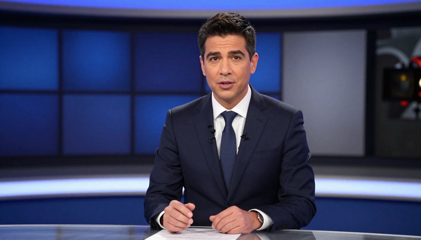 A male broadcast news anchor delivers live broadcast on a television studio set under professional studio lighting