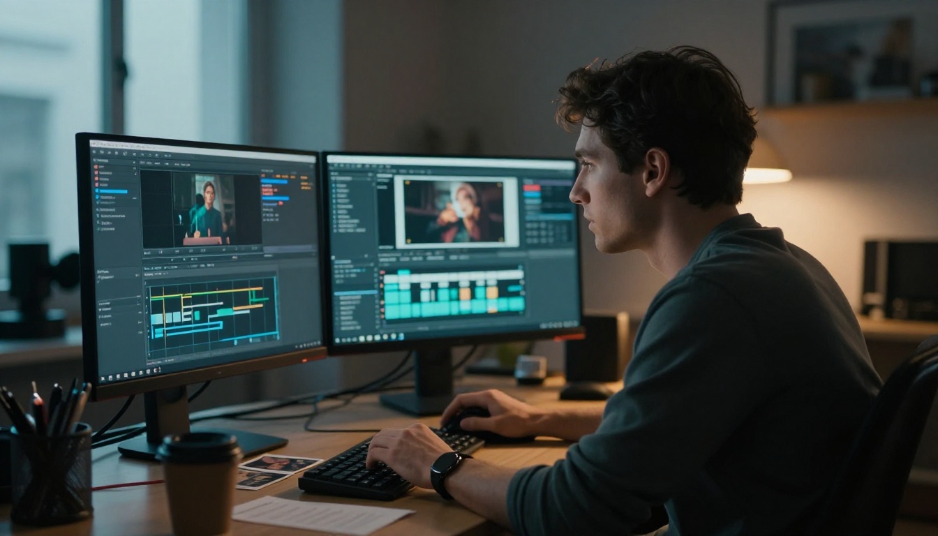 AI video producer reviewing timelines at a professional workstation