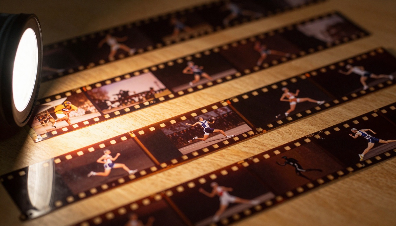 Macro photograph of 35mm film strip showing motion frames on a wooden table