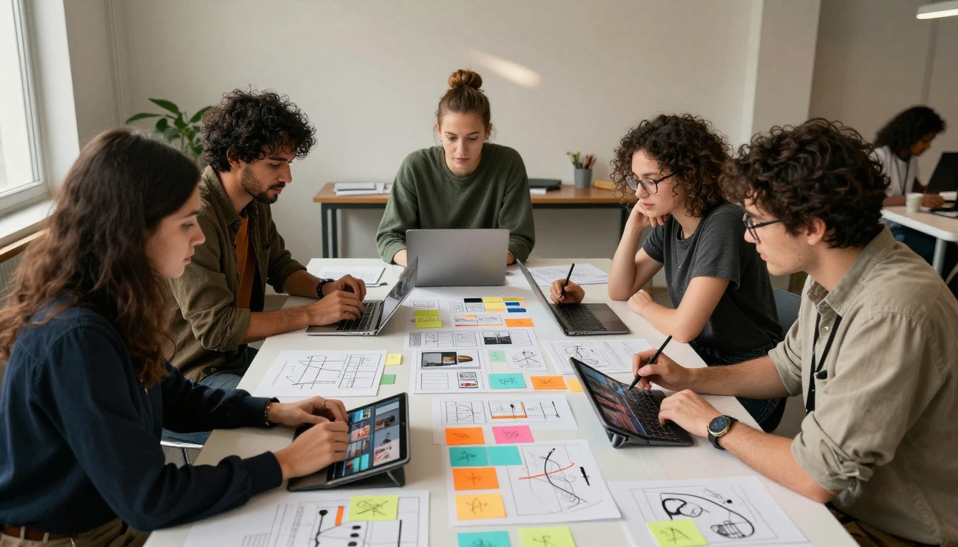 Aerial shot of creative team collaborating over storyboards and video previews