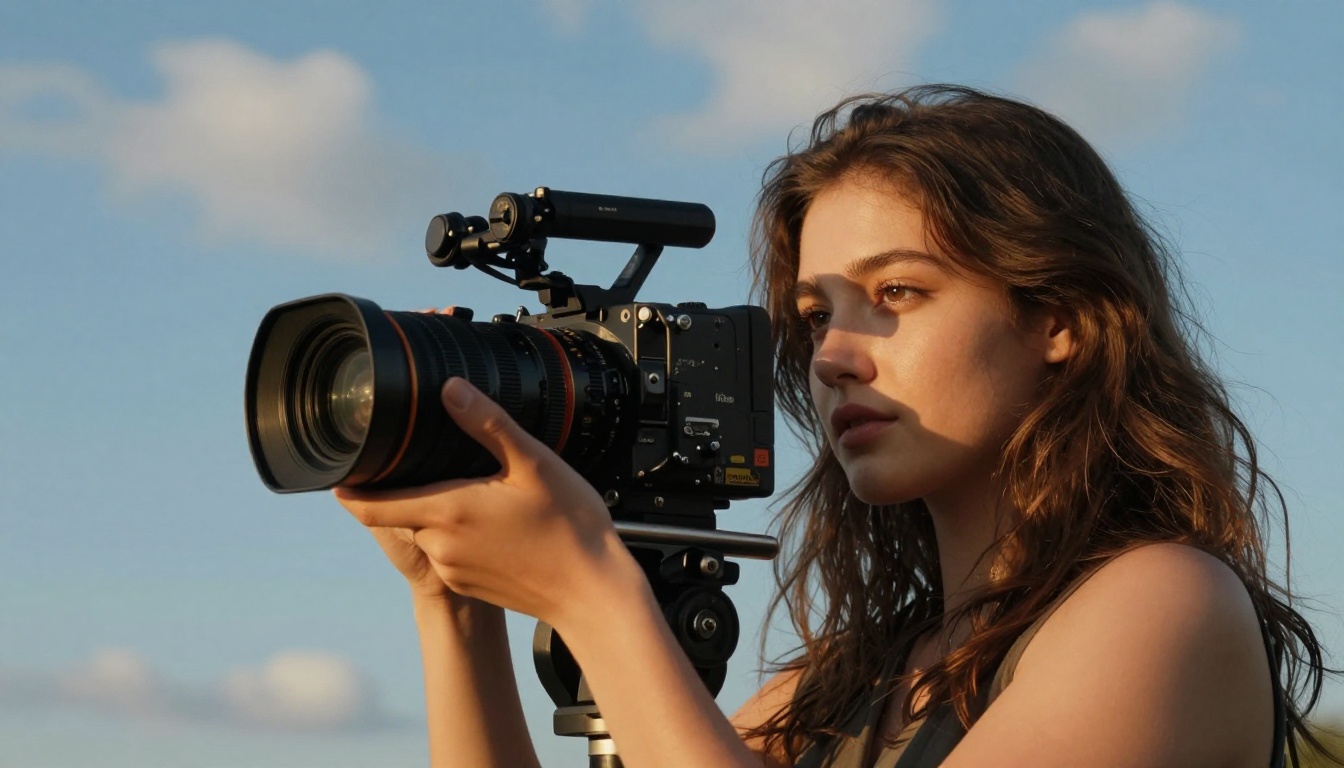 Low-angle portrait of a cinematographer holding a professional cinema camera