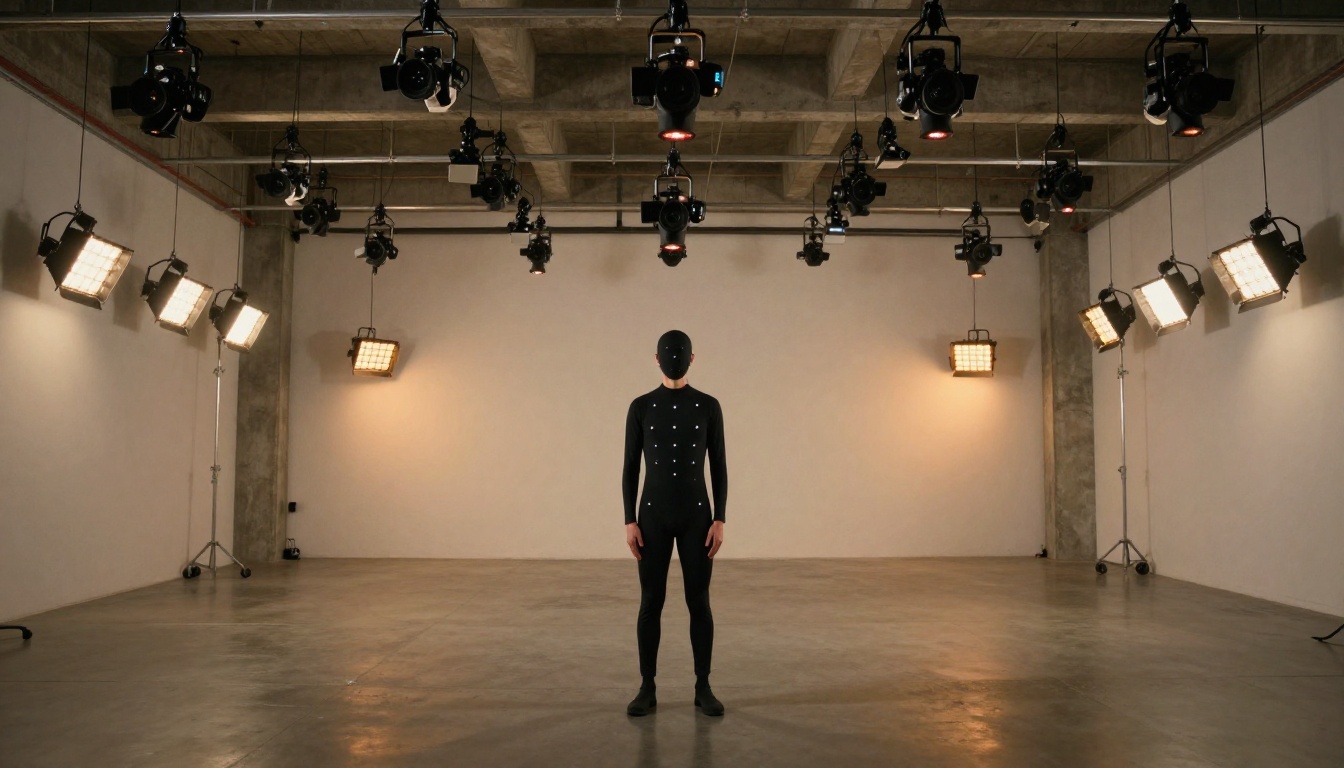 Motion capture studio interior with a performer in tracking suit