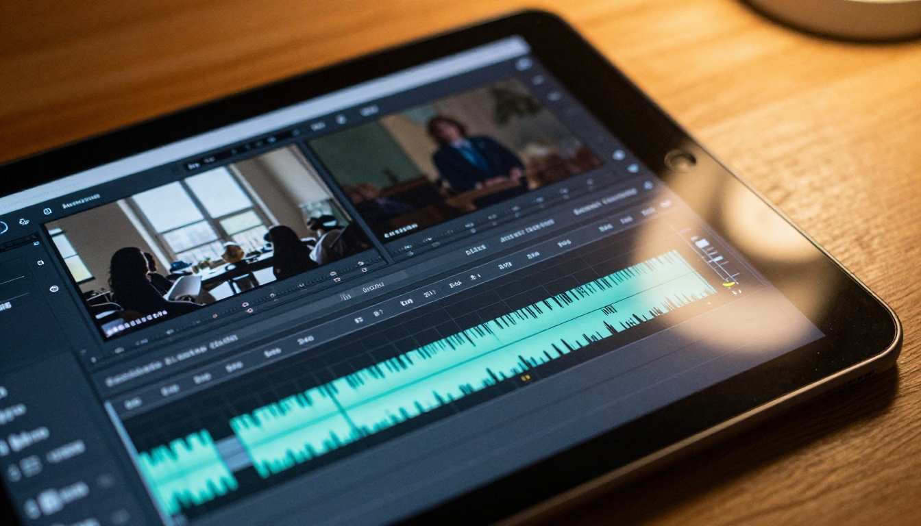 Close-up of a video editing timeline on a tablet screen at a wooden desk