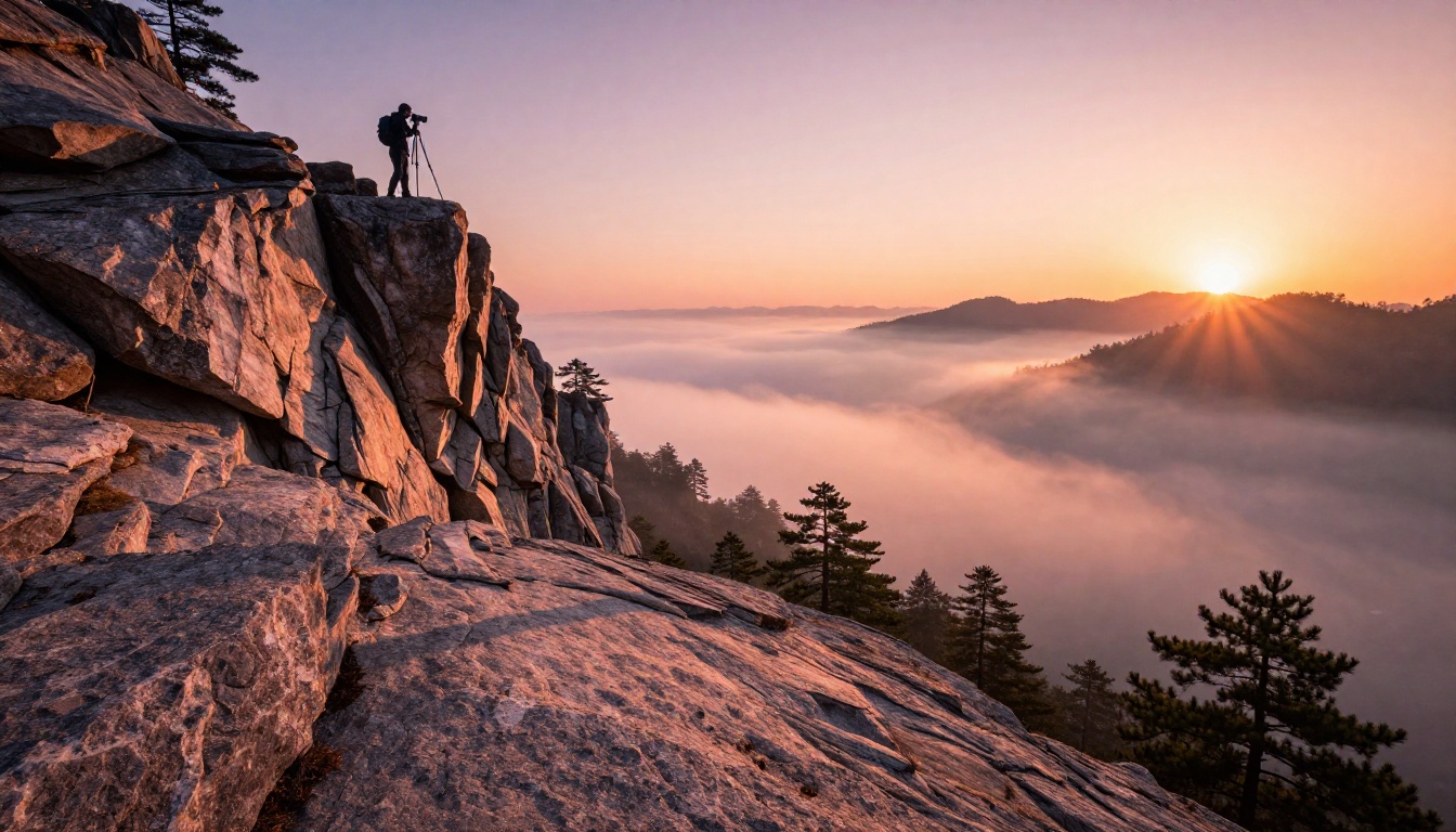 Landscape photographer standing at a cliff edge at sunrise with a camera on a tripod
