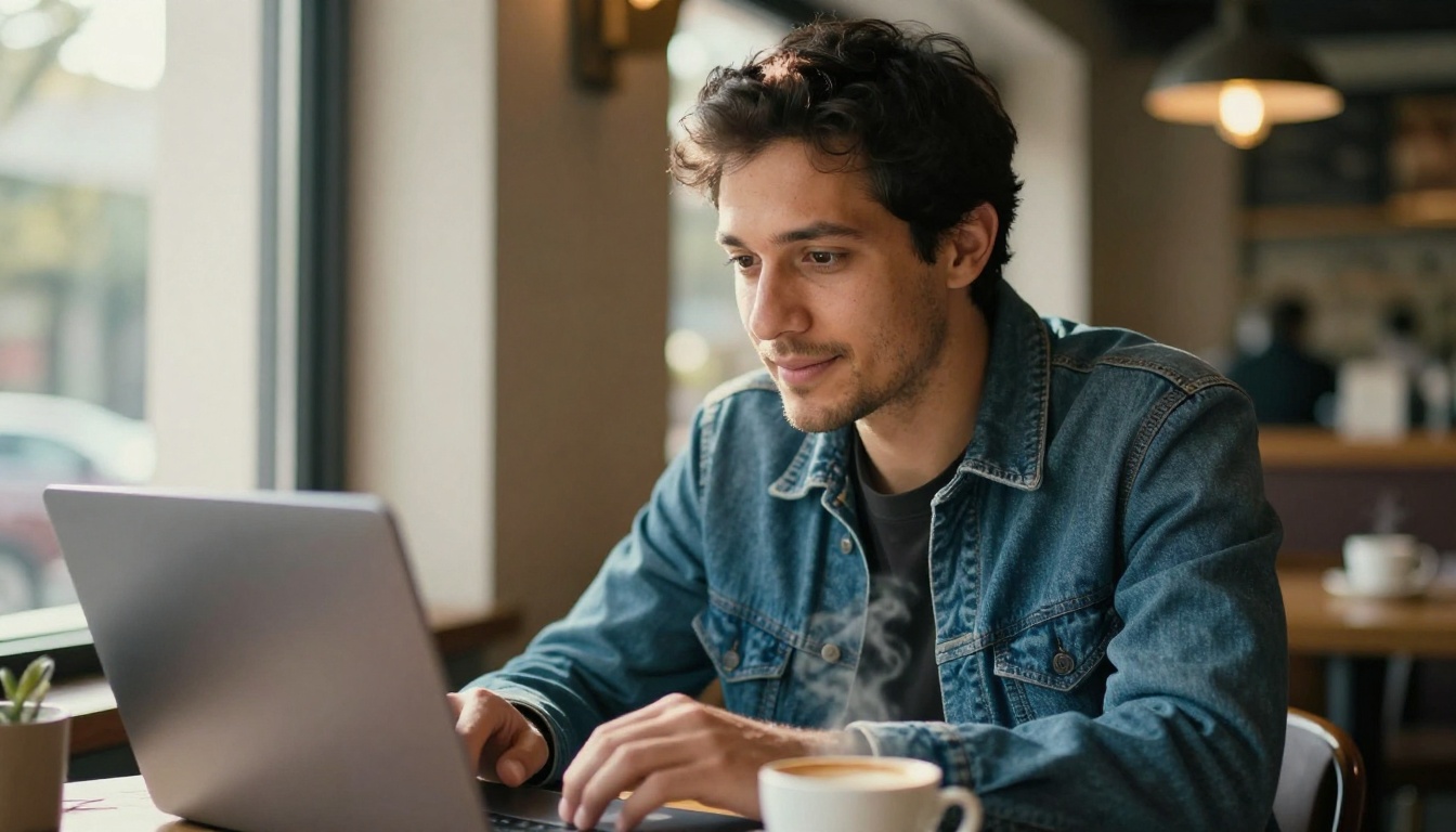 Man reviewing AI video footage on a laptop in a sunlit cafe