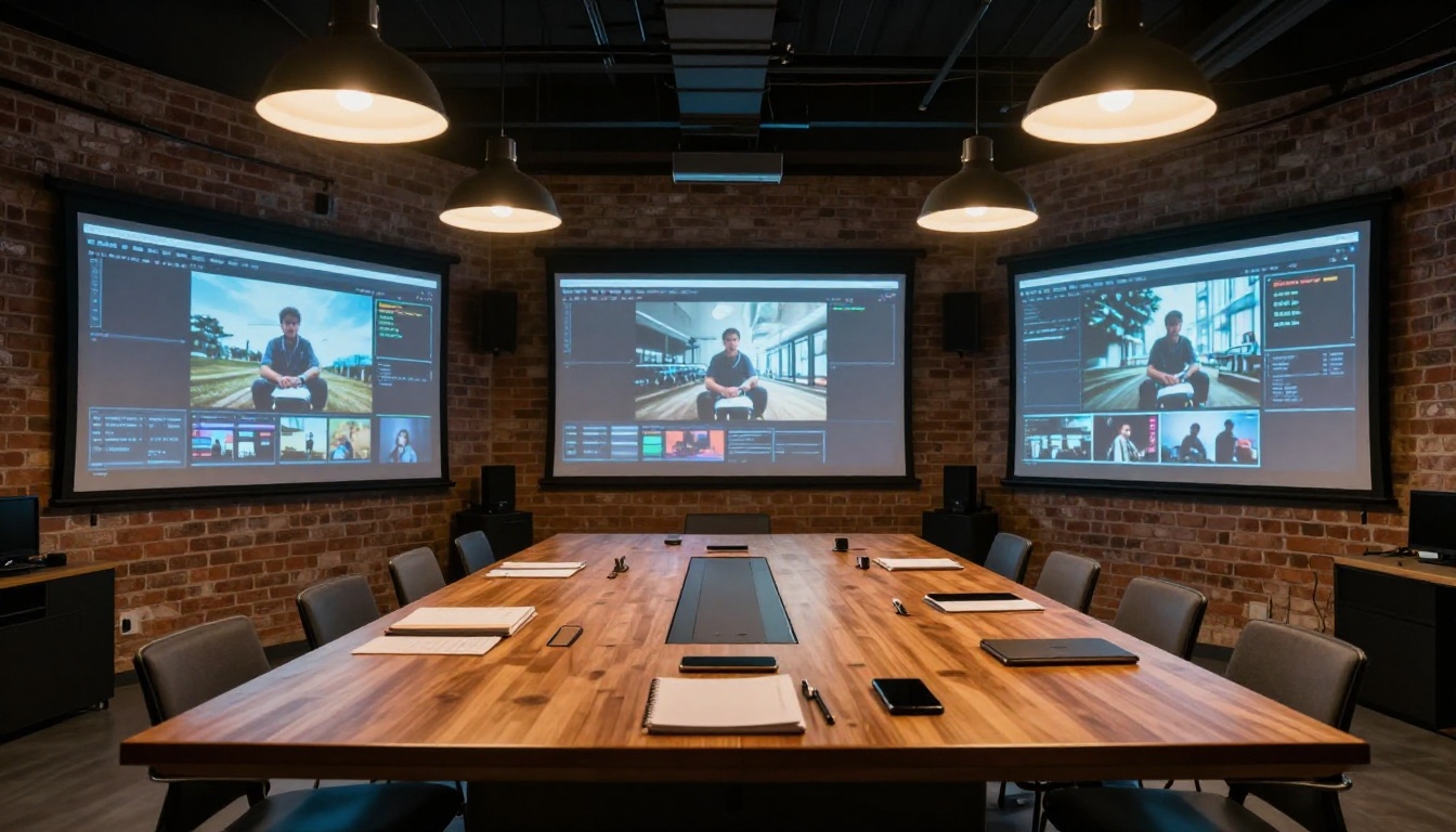 Modern media studio with projection screens displaying AI video content