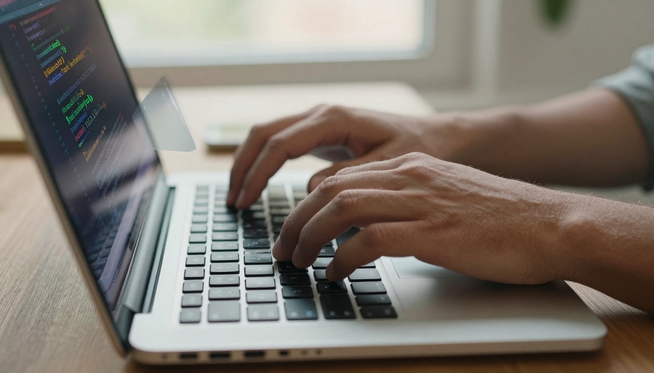 Developer with hands on keyboard, AI code completion overlay on screen beside fingers, natural daylight from right, macro lens skin and key legend detail