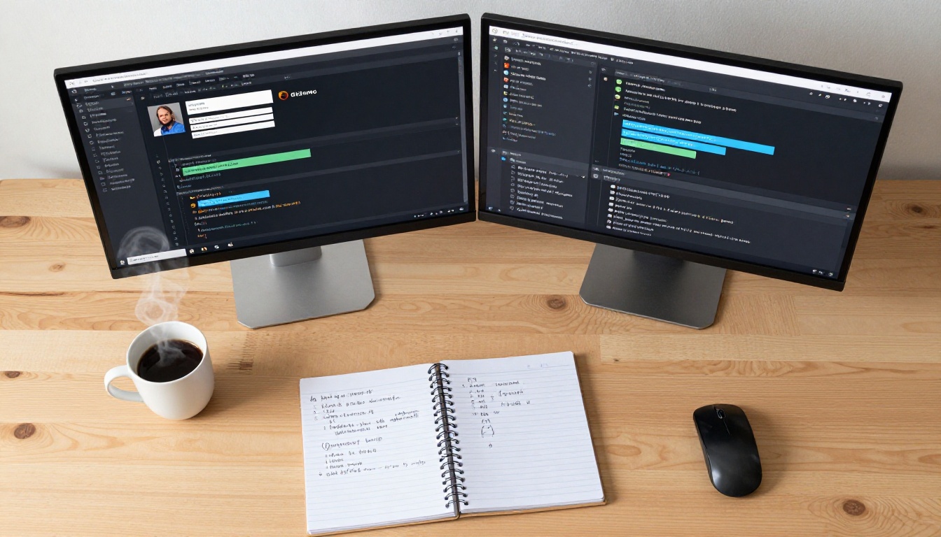 Aerial top-down view of developer workstation with dual monitors, coffee mug, notebook, keyboard on birchwood desk