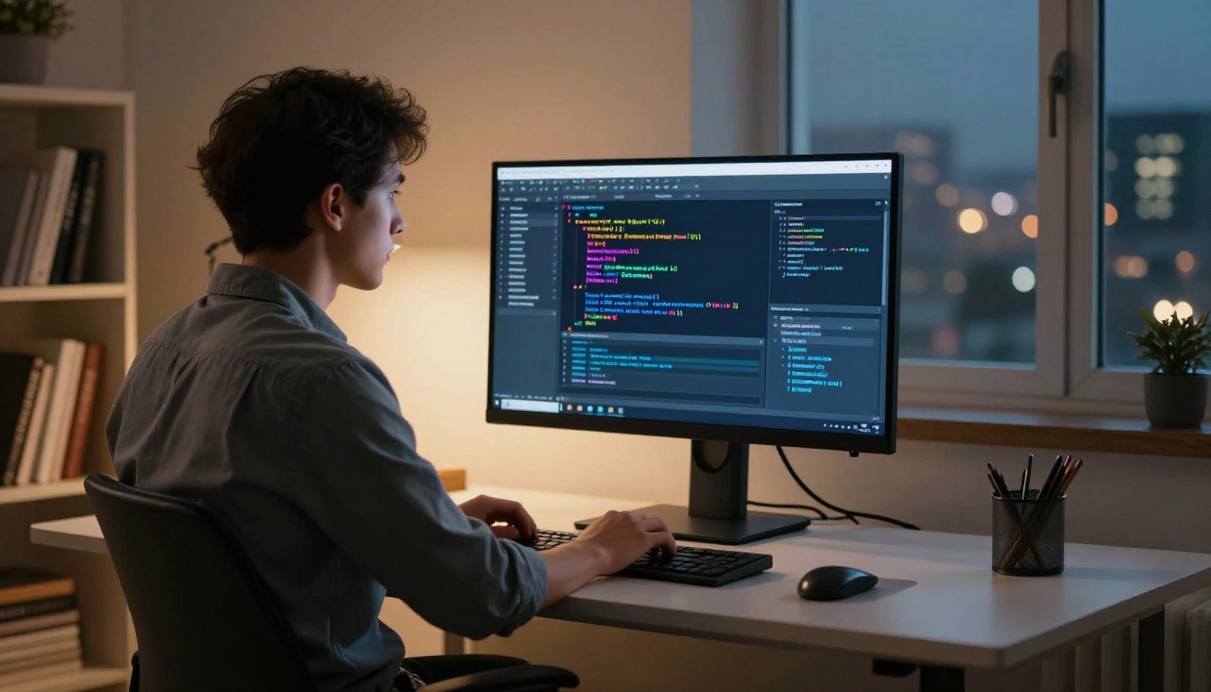 Software engineer in side profile at standing desk in minimalist home office, dark IDE on monitor with colorful syntax highlighting, warm desk lamp and blue monitor glow contrast