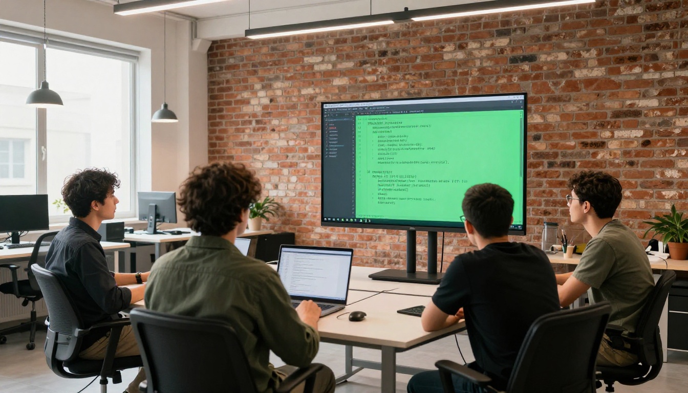 Small team of three developers gathered around wall-mounted monitor showing code review with AI suggestions, exposed brick walls and pendant lighting in modern collaborative workspace