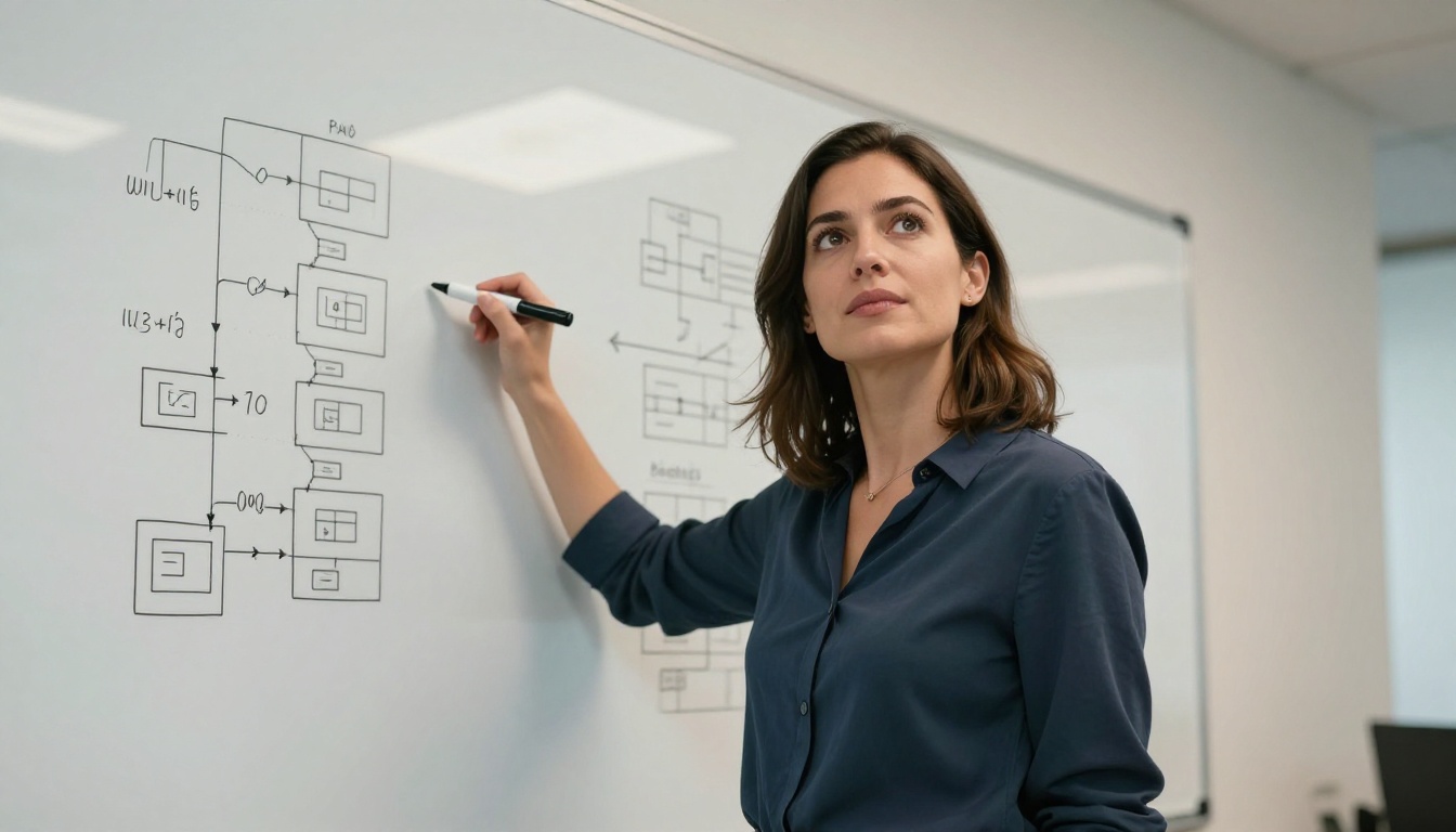 Female developer standing at whiteboard covered in system architecture diagrams, marker in hand, strong authoritative low-angle perspective, fluorescent overhead lighting