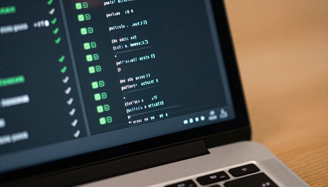 Extreme macro close-up of laptop screen corner showing dark IDE with split terminal and green test result checkmarks, fine pixel matrix visible at screen edges