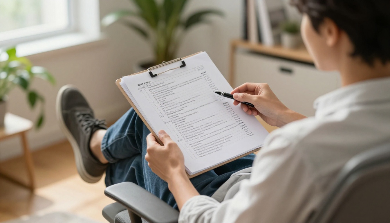 Developer leaning back in ergonomic chair reviewing printed code sheets on clipboard, warm window light from left, plants in soft bokeh background, natural cotton fabric detail