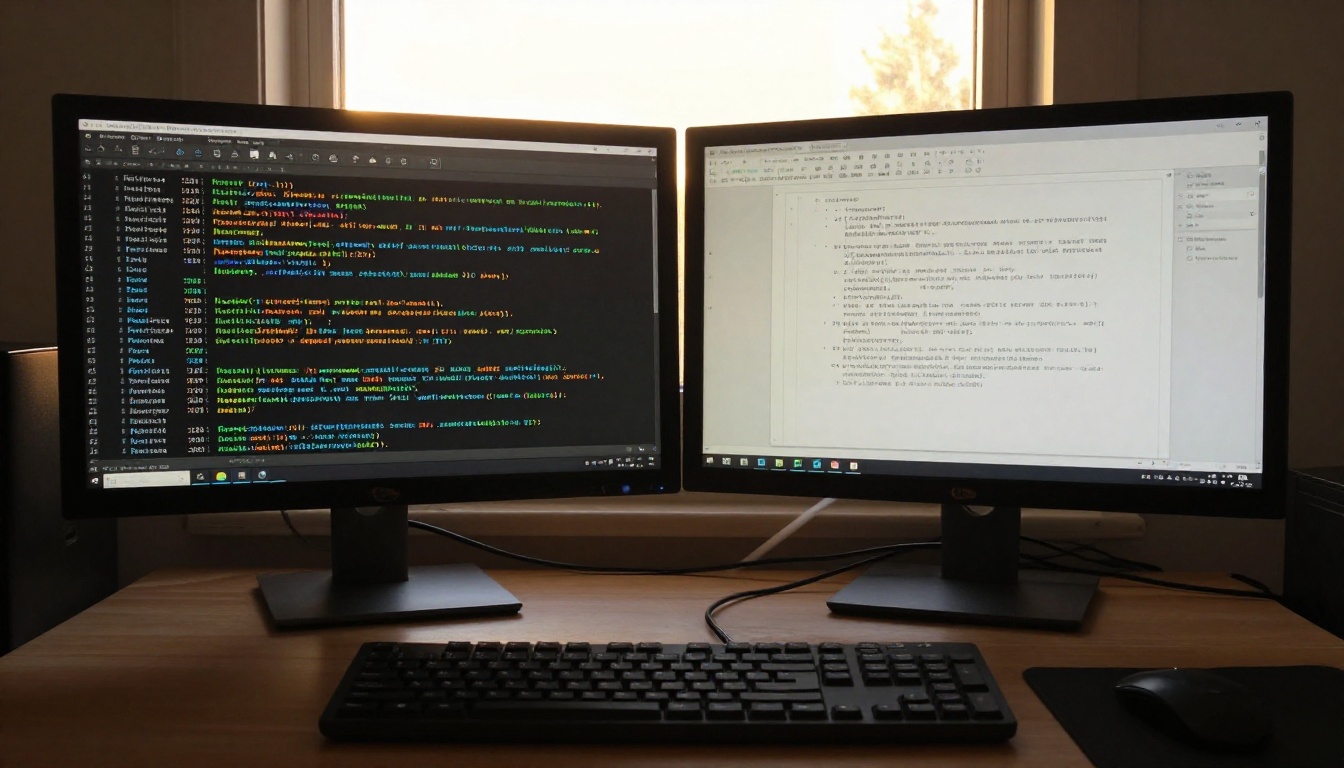 Dramatic low-angle dual monitor setup at desk with golden hour sunlight from behind creating warm backlit halo on screens, keyboard texture and cable detail in sharp foreground