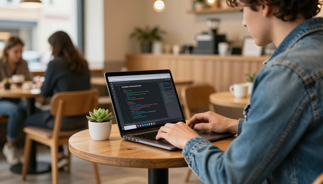 Candid over-the-shoulder shot of developer in coffee shop, laptop showing AI code assistant interface, warm amber cafe interior, 50mm lens with blurred wooden furniture background