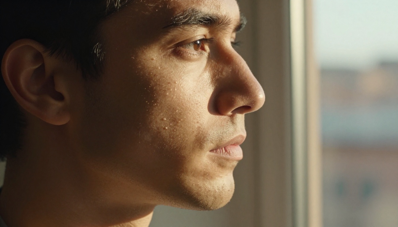 Natural window lighting on a human face, golden hour glow revealing skin texture and authentic shadow depth