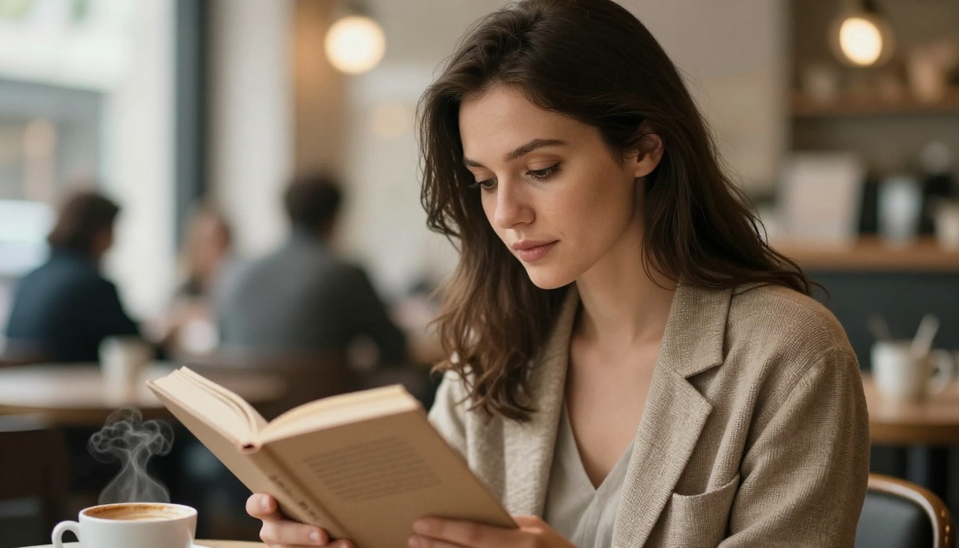 Woman reading a book at a cafe table with perfect bokeh background and sharp subject focus