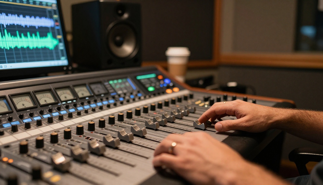Native audio synchronization on a professional studio mixing console with waveform visualization