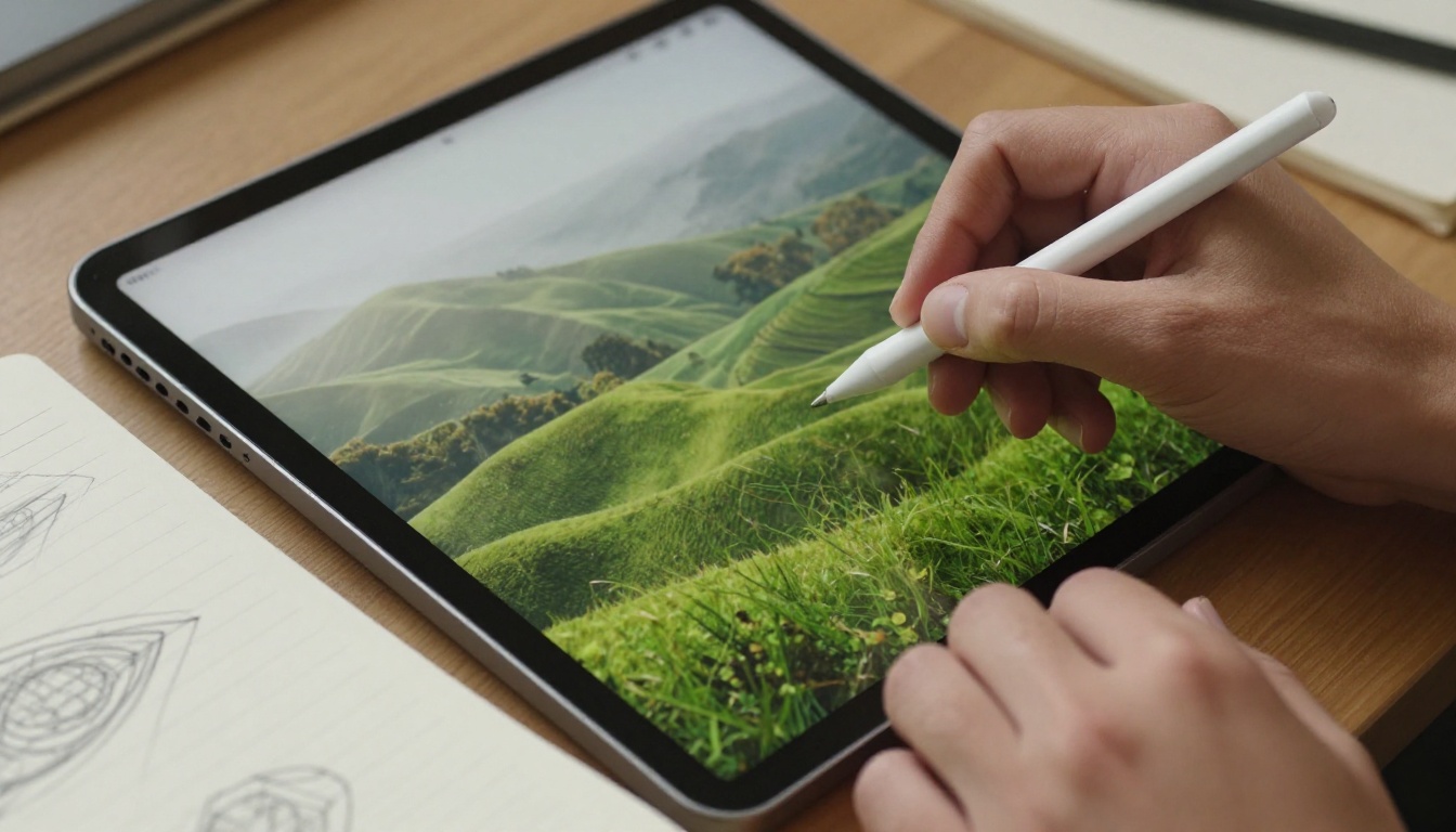 Close-up of a designer's hands on a drawing tablet showing AI-generated landscape