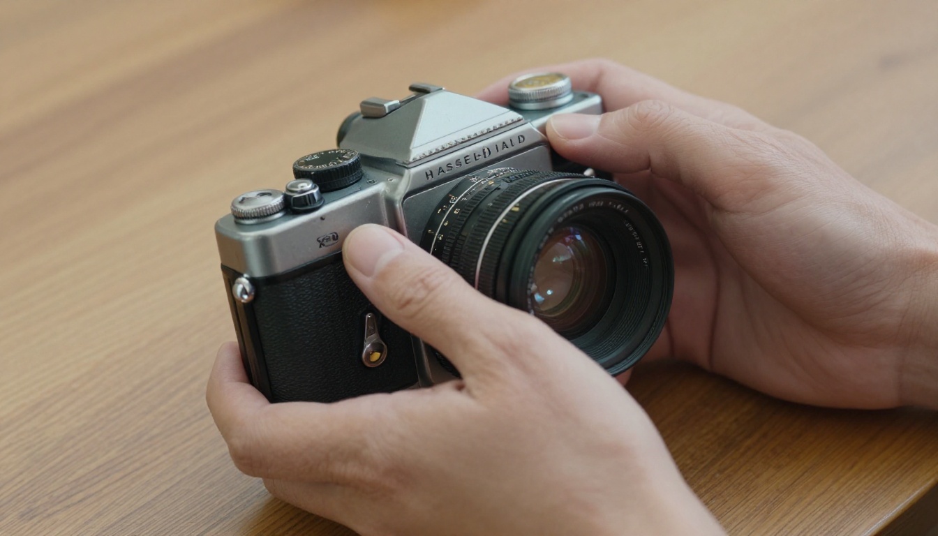 Hands holding a vintage film camera showing skin knuckle texture and worn metal surface detail