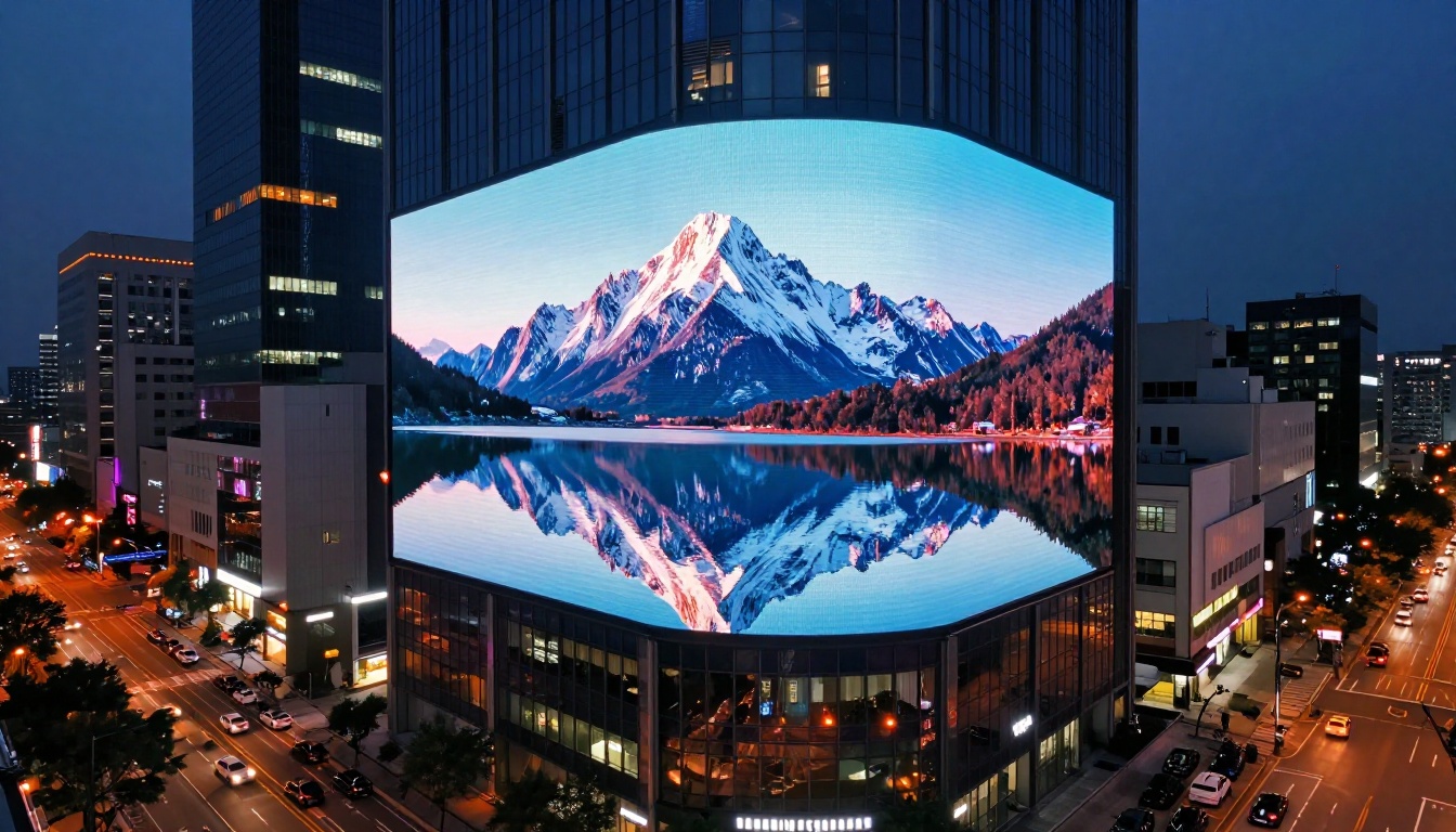 Massive AI-generated landscape displayed on an outdoor LED billboard on a Seoul skyscraper at dusk, viewed from above