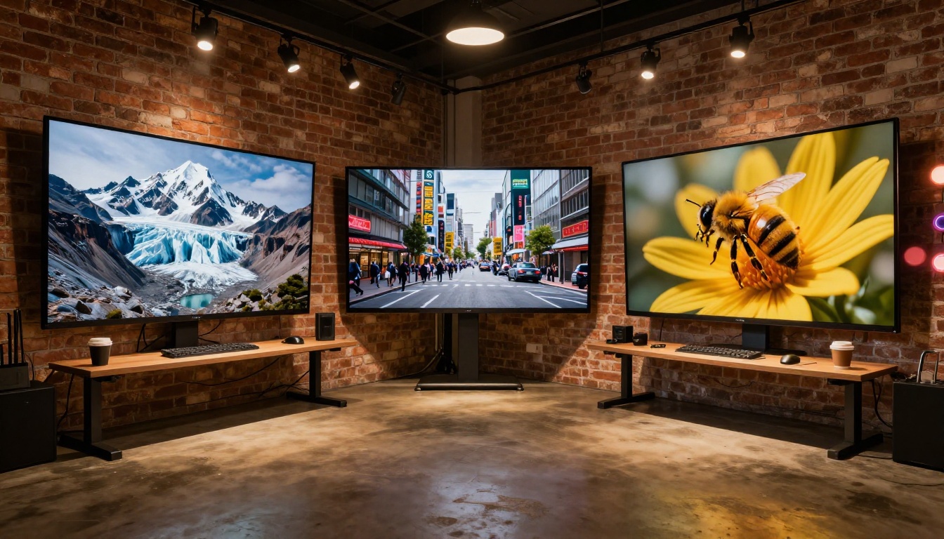 AI image generation studio with multiple screens displaying photorealistic scenes