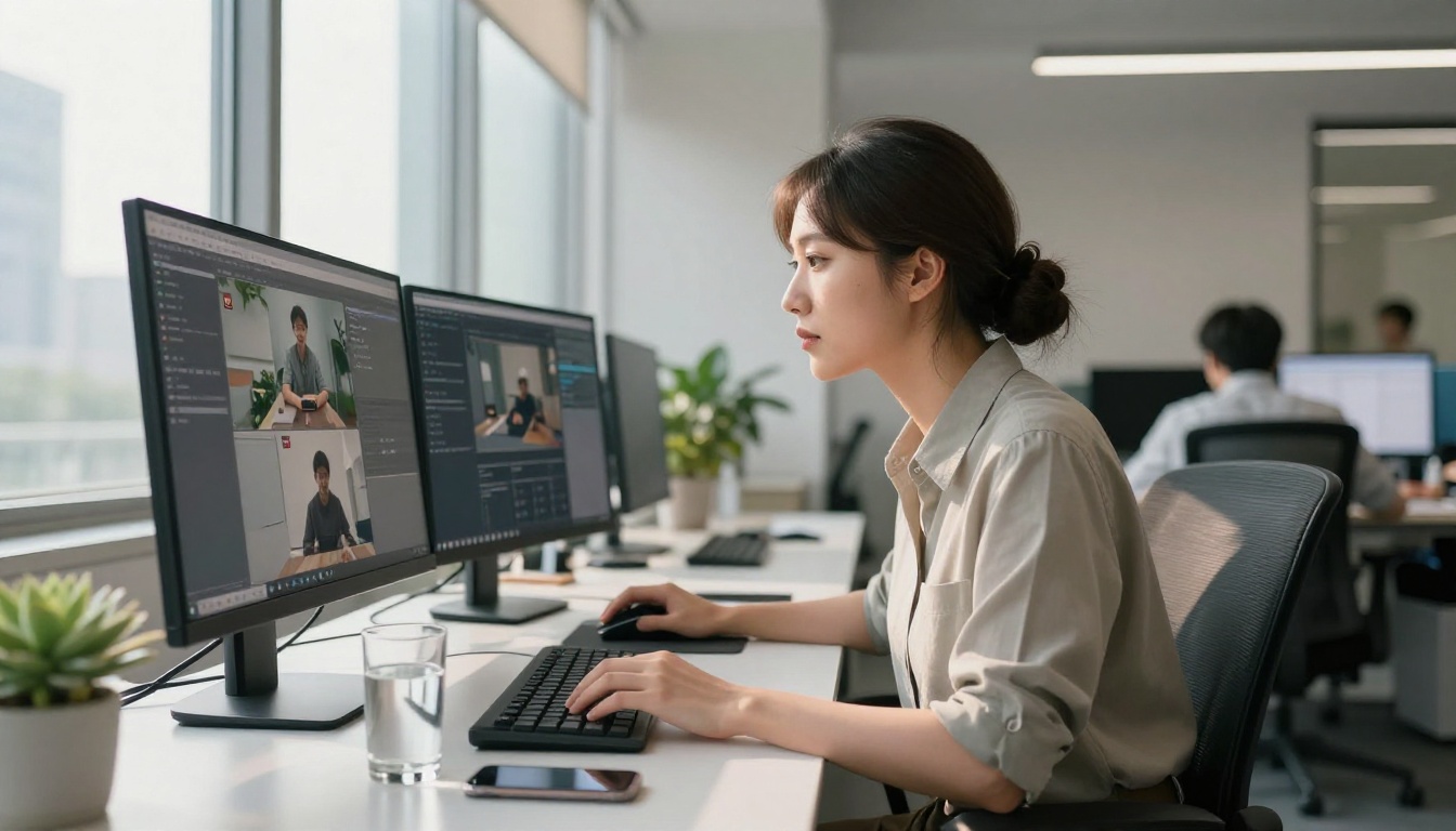 Female software engineer reviewing multiple AI video generation outputs on an ultrawide monitor in a modern Shenzhen office