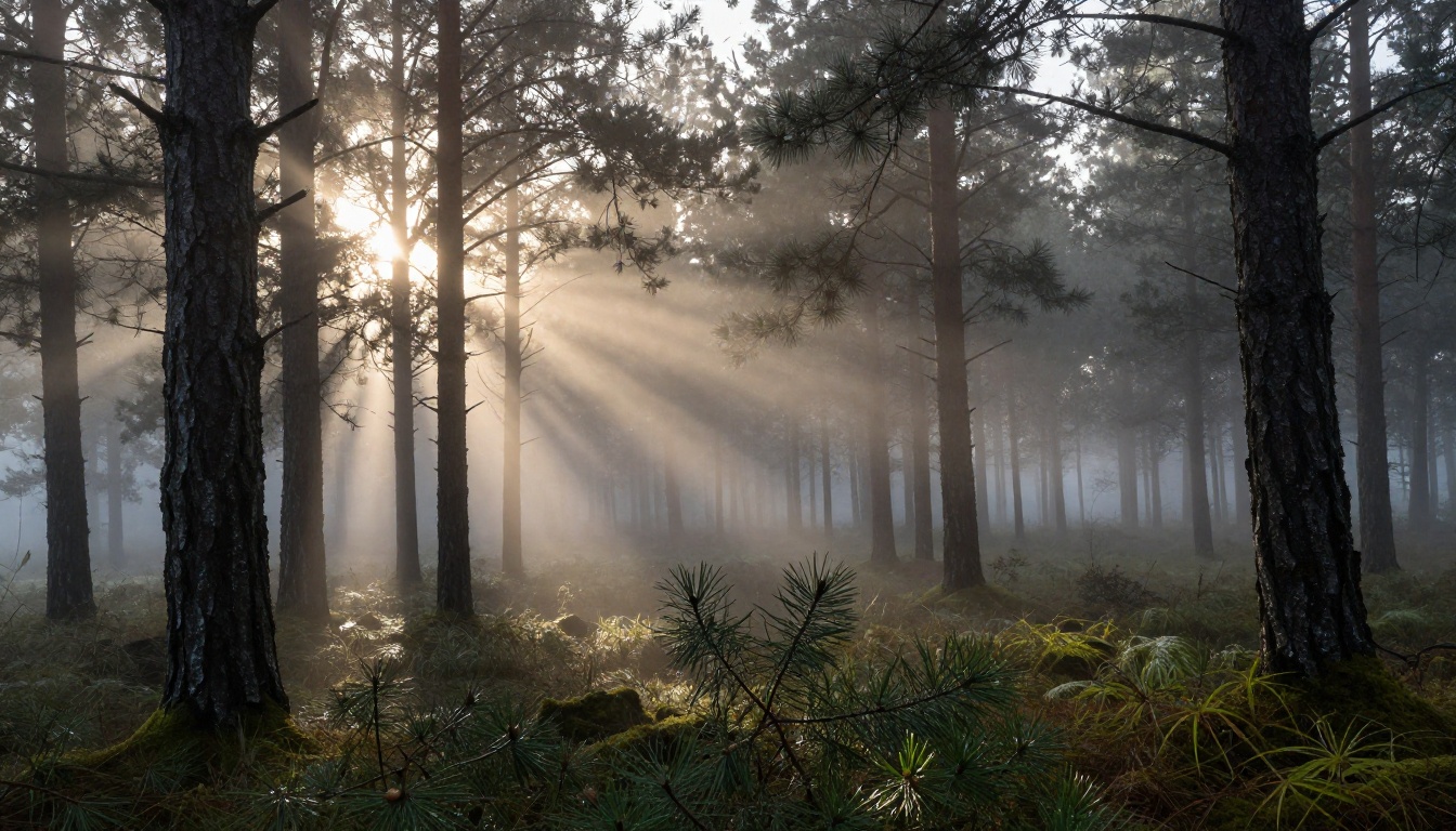 Cinematic pine forest at dawn with volumetric light rays through morning fog demonstrating atmospheric depth rendering