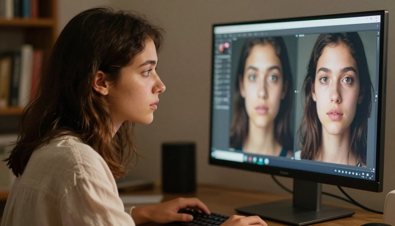 Young professional woman reviewing AI portrait comparisons on a large monitor