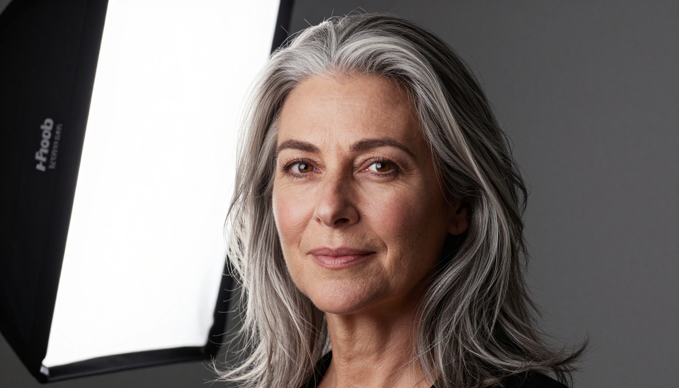 Studio portrait with realistic Profoto lighting, natural silver-streaked hair, and authentic visible skin texture