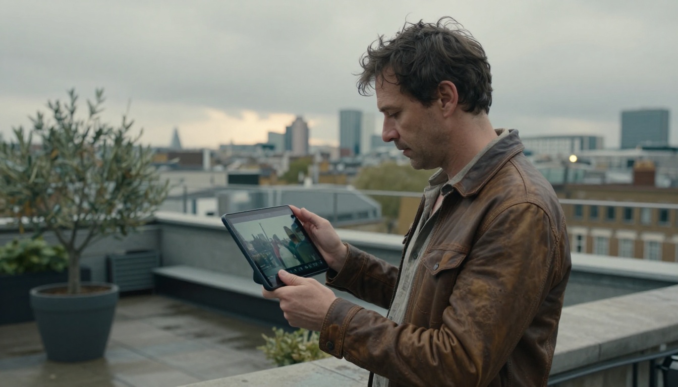 Film director reviewing AI-generated video footage on a tablet on a London rooftop on an overcast afternoon