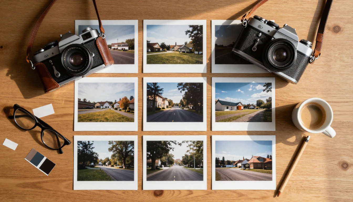 Flat lay aerial view of printed AI-generated images arranged on a wooden desk