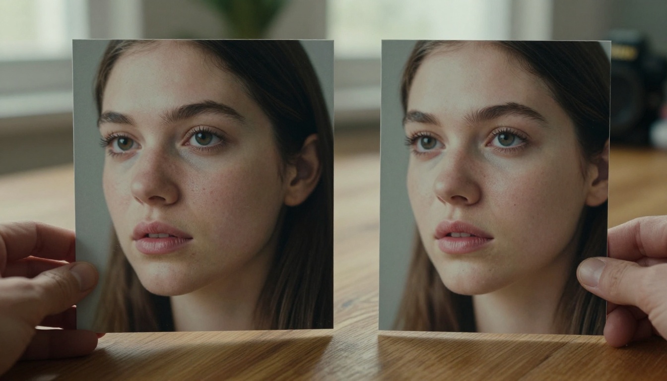 Two printed AI photographs on a wooden table showing the contrast between artificial and photorealistic rendering