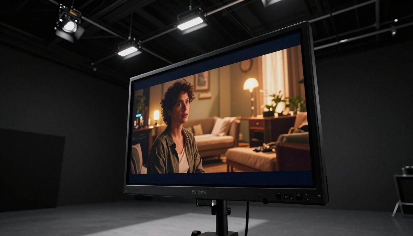 Professional video production monitor in a darkened studio displaying a cinematic frame, low-angle view with screen light spilling forward