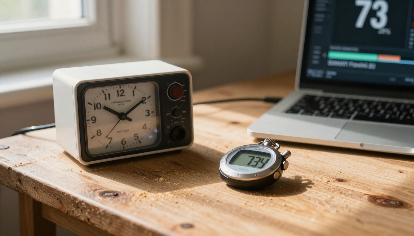 Stopwatch and timer next to a laptop showing a video encoding progress bar at 73 percent