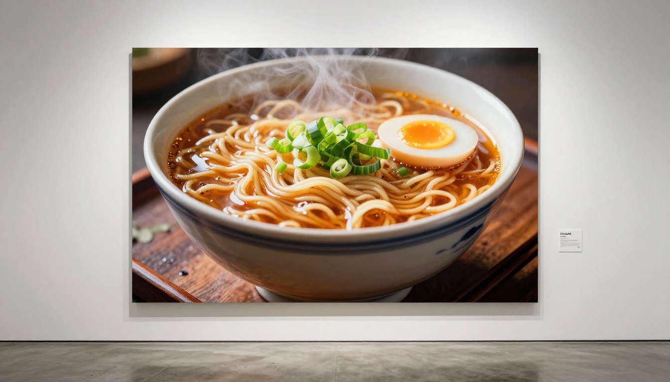 Large-format photorealistic AI print mounted on a gallery wall with dramatic spotlight